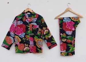 Pijamas de algodón con estampado floral de 2 piezas para mujer, manga larga, cuello vuelto, ropa de dormir informal - Product Image 2