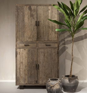Armoire de rangement haute en bois rustique artisanal, quatre portes, deux tiroirs, organisateur, meuble de maison vintage style ferme - Product Image 2