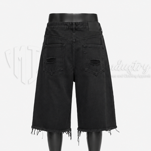 Custom <b>Black</b> Solid Distressed Denim Jorts for <b>Men</b> Baggy Knee Length Front Logo Jeans <b>Shorts</b> OEM ODM Wholesale - Product Image 2