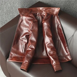 2026 Fashion Coated Genuine Cow Leather Stand Collar Vintage Front Logo Breathable <b>Sherpa</b> <b>Lined</b> Streetwear Men's Varsity Jacket - Product Image 2