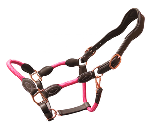 Cabestro de cuero y cuerda para caballo con corona ergonómica y herrajes en oro rosa - Product Image 1