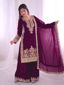 Nouvel ensemble haut en soie, pantalon palazzo et dupatta, avec broderie lourde et travail de sequins, entièrement cousu, prêt-à-porter - Product Image 4