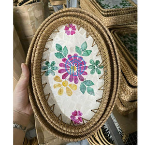 Heritage Craft Rattan Serving Tray with Intricate Mother of Pearl Shell Mosaic Handwoven <b>Frame</b> Decorative Artisan Tray Display - Product Image 1