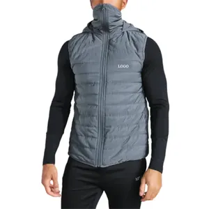 Men's Hooded Puffer Vest Turtleneck Zipper Front Logo Solid Color Windproof <b>Winter</b> Casual Slim Fit Polyester Wadding - Product Image 1