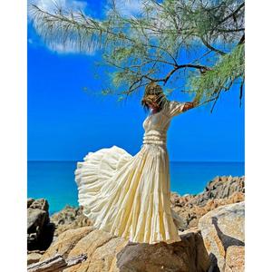Womens White off Shoulder <b>Boho</b> Maxi Loose Cotton Tiered Smocked <b>Long</b> Floral Print Summer Beach Vacation Flowy Outfit - Product Image 1