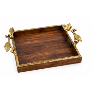 Plateau de service moderne en bois avec élégantes poignées en métal doré, long plateau décoratif en bois d'acacia pour table basse ou mariage - Product Image 5