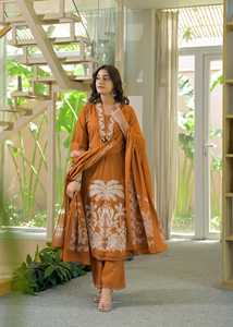 Ensemble Kurti traditionnel pour femmes en coton moutarde brodé, séchage rapide, avec pantalon et dupatta, coupe régulière, longueur genou, toutes saisons, décontracté, Inde - Product Image 2