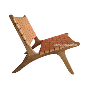 ¡Venta súper caliente! Sillón moderno tejido de cuero genuino marrón, madera maciza de teca, comedor, relajación, ocio, Hotel, sala de estar - Product Image 2