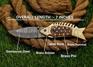 Custom Handmade Damascus <b>Fish</b> Pocket <b>Knife</b> Damascus Folding <b>Knife</b> Camel Bone , Brass Pin & Brass Pommel Handle - Engraved Brass - Product Image 5