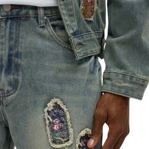 Pantalones Vaqueros Vintage para Hombre, Lavados y Desgastados, Corte Regular, 100% Algodón, Estilo Cargo con Parches Bordados, Casuales - Product Image 3