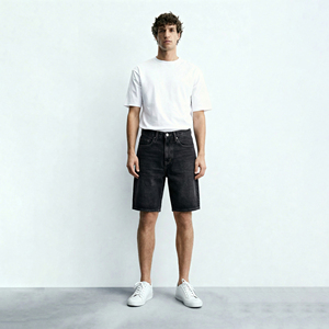 Shorts en jean pour homme, coupe droite, délavé foncé, taille mi-haute, style décontracté d'été, 100% coton tissé - Product Image 2