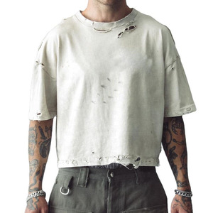 Camisetas de algodón pesado con lavado ácido y efecto desgastado para hombre, estilo streetwear, corte cropped y oversize. - Product Image 1