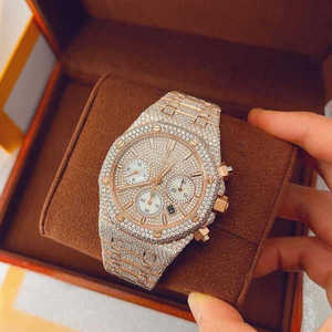 Bijoux noirs de l'océan A.P. Montre chronographe à quartz en acier inoxydable plaqué or rose avec 3 crans en moissanite VVS, style hip-hop - Product Image 2