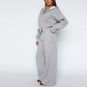 Ensemble de survêtement personnalisé pour femme, coupe ample, gris, décontracté, hiver, avec sweat à capuche zippé et pantalon de jogging à jambe large, en tissu Dry Fit - Product Image 2