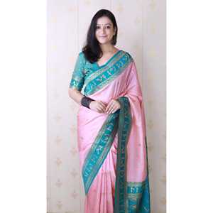 Sari Tradicional de Seda Suave Rosa Bebé con Bordado Zari, Arte Warli, Ropa India y Pakistaní - Product Image 3