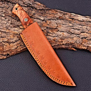 Couteau de chasse à lame fixe en acier Damas, manche en bois d'olivier, couteau de camping et d'extérieur OEM avec étui - Product Image 5