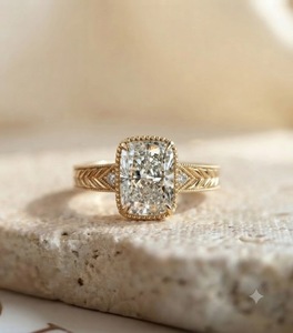 แหวนหมั้นเพชรทรงรัศมีสังเคราะห์เคลือบทอง 14K บนตัวเรือนเงิน ดีไซน์หรูหราสไตล์วินเทจ ประดับลายมิลเกรน สำหรับผู้หญิง - Product Image 2