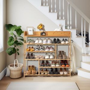 Scarpiera a 6 Ripiani in Legno Massello di Bambù con 2 Cassetti per Uso Domestico - Product Image 3