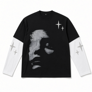 Long Sleeve T-<b>Shirt</b> With Photo Print Face And Rhinestone Stars Contrast Trim Men's Streetwear O-Neck Jersey Cotton - Product Image 1