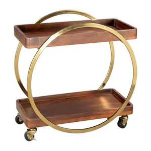 Three‑Tier Gold Rolling Cart with Metal Frame Wooden Tray <b>Shelves</b> Crossbars Mobile Serving Trolley Modern <b>Rustic</b> Storage - Product Image 6