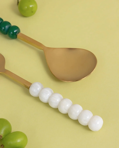 Ensemble de service à salade en métal plaqué or avec poignée en perles de résine verte, finition brillante, vaisselle de table, service alimentaire, serveur à salade - Product Image 4