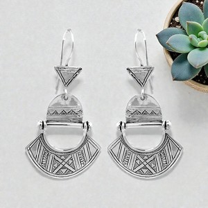 Pendientes Colgantes Geométricos Tribales Vintage Silver Mountain en Plata de Ley 925 con Sello 925 para Boda, Aniversario, Compromiso - Product Image 4
