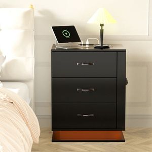 Comodino nero con 3 cassetti sul lato sinistro, con stazione di ricarica LED RGB e porte USB - Product Image 1