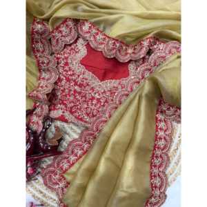 Precioso Sari Dorado Sin Coser para Fiesta con Bordado de Lentejuelas y Cordones, Ideal para Vestidos de Carrera - Product Image 5