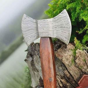 ขวานเหล็กดามัสกัสสองหัว งานแฮนด์เมด พร้อมด้ามไม้คุณภาพสูง สำหรับการตั้งแคมป์กลางแจ้ง สะสม และตั้งโชว์ - Product Image 3