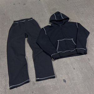 Pantalones acampanados de algodón con capucha para jogging, personalizados, de invierno, ecológicos, estilo streetwear, con costuras de cinco hilos, lavado ácido, efecto desgastado por el sol y estampado liso. - Product Image 1