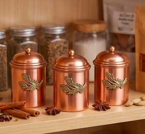 Vintage Copper Canister <b>Set</b> Of Three Adorable Kitchenware Accessories Ideal For Restaurant Hotel Shelf Decor And Storage Use - Product Image 3