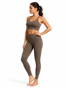 <b>Brown</b> 2-Piece Yoga Set Racerback Crop Top High-Waist Full-Length <b>Leggings</b> Seamless Solid Color Eco-Friendly Breathable - Product Image 2
