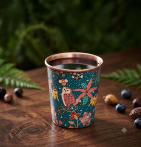 Vaso de Cobre Puro Impreso de Primera Calidad, Lujoso y Clásico con Diseño Floral de Búho, Vaso Metálico Resistente de Forma Cónica, Elegante y Tradicional - Product Image 4