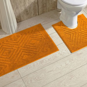 Modern Geometric Cotton Bath <b>Mat</b> Set 2 Piece Non <b>Slip</b> Rectangle with Embossed Pattern for Home Use - Product Image 2