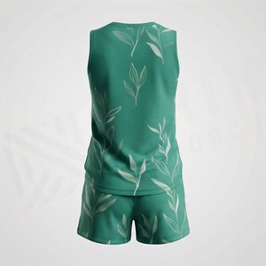 Conjunto de Top sin Mangas y Pantalones Cortos con Estampado de Hojas Verdes para Mujer, Estilo Casual Holgado, Transpirable, Tejido de Punto, 2 Piezas, para Primavera/Verano - Product Image 2