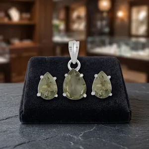 925 Sterling Silver Pendant Earrings Jewelry Set Teardrop Cut Green Amethyst Gemstone Handmade Design For Women - Product Image 4