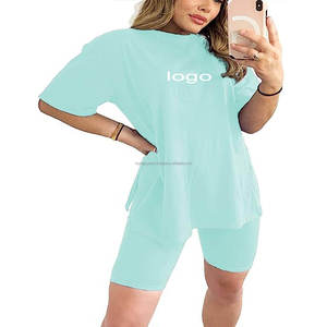 Custom Plain Cotton T Shirt Match With Tight Shorts Two Piece Outfits Summer Biker Shorts <b>Set</b> for Women - Product Image 6
