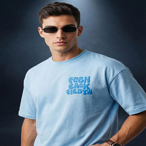 T-shirt à manches courtes bleu clair pour homme avec imprimé lettres au dos, coupe classique, col rond, décontracté, en coton tricoté, séchage rapide, anti-rétrécissement - Product Image 1