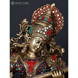 Statue en laiton de 17 pouces de déesse Saraswati jouant Veena à quatre bras avec incrustation complexe Sculpture de travail pour la maison et le temple - Product Image 2
