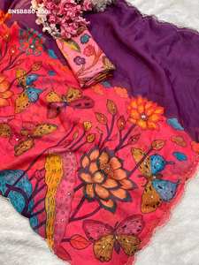 Sari de seda Tabby de alta calidad con estampado digital y trabajo Cutdana-Khatli, conjunto de blusa, fabricado en Surat. - Product Image 3