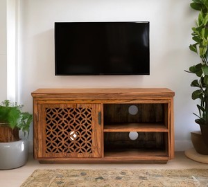 Meuble TV en bois massif sculpté géométriquement, fait main |   Petite console multimédia avec porte en treillis |   Exportation de Jodhpur - Product Image 1