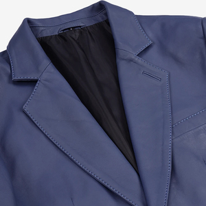 <b>Men's</b> Blue <b>Leather</b> <b>Blazer</b> Jacket Slim Fit Turn-down Collar Single Breasted Formal Style Regular Sleeve - Product Image 6