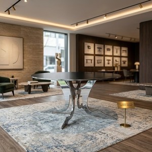 Table à manger ronde moderne en métal poli avec base ondulée organique et plateau en pierre frittée, finition argentée de luxe pour hôtels et écoles - Product Image 4