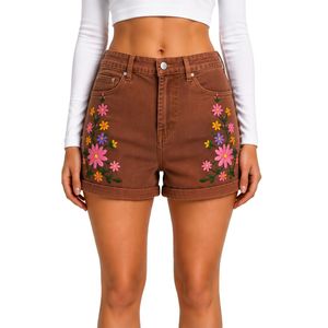 Shorts de Mezclilla de Cintura Alta para Mujer, Color Marrón Chocolate, con Bordado Floral Colorido, Shorts Casuales de Verano, Elásticos, Personalizados OEM ODM - Product Image 1