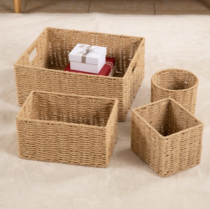 Woven Rattan Storage <b>Baskets</b> Set of 4 Rectangle Rustic Handmade <b>Basket</b> for Living Room Neatening Storage - Product Image 4