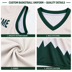 Ensemble de maillots de basket-ball sublimés personnalisés pour adultes |   Uniforme d'équipe blanc et vert avec motif montagne en polyester anti-humidité - Product Image 6