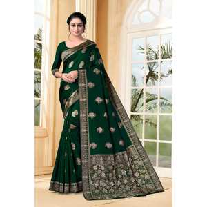 SOIRÉE BANARASI SOIE JACQUARD TRAVAIL SAREE SANS COUTURE BLOUSE VERT - Product Image 1