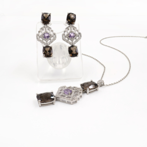 Women's 925 <b>Sterling</b> <b>Silver</b> Natural Amethyst Smoky Quartz Punk Style Pendant <b>Earring</b> <b>Set</b> Rhodium Anniversary Gift Engagement - Product Image 2