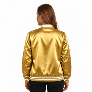 Chaqueta Varsity Dorada de Satén para Mujer, Manga Larga, Cuello Camisero, Ribete en Contraste, Corte Regular, Ropa de Invierno, Transpirable, Resistente al Viento, 100% - Product Image 3