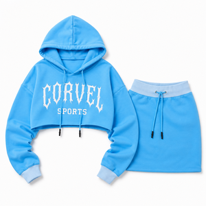 Street Fashion Baby Blue Custom <b>Gothic</b> Print Tracksuit Women's Cropped Sports Hoodies Mini <b>Skirt</b> Cotton Set Manufacturer - Product Image 4